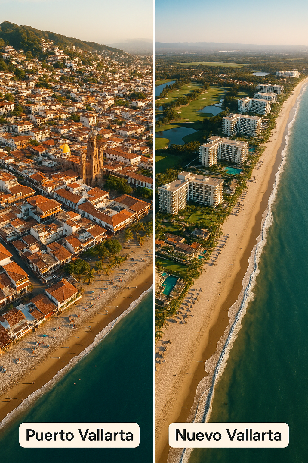 Side-by-side aerial comparison of Puerto Vallarta and Nuevo Vallarta beaches and buildings