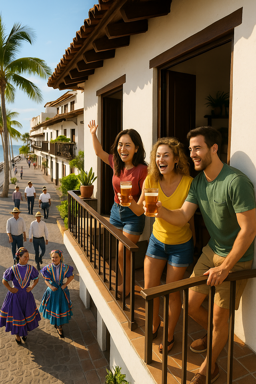 Tourists enjoying a street festival in Puerto Vallarta from a vacation rental balcony