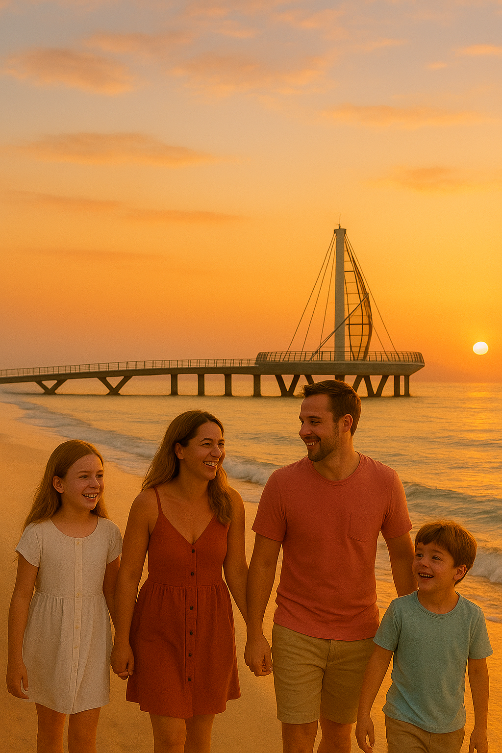 Expat family with children walking on the beach near Los Muertos Pier at sunset in Puerto Vallarta