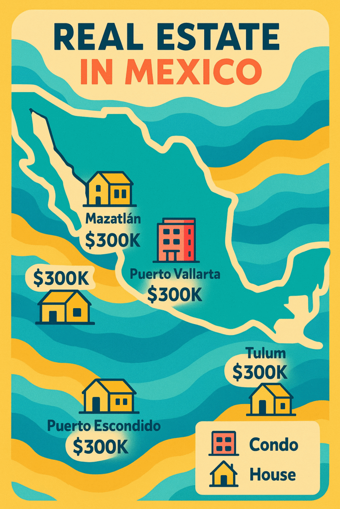 Map of Mexico showing what $300,000 buys in real estate in Puerto Vallarta, Tulum, Mazatlán, and Puerto Escondido