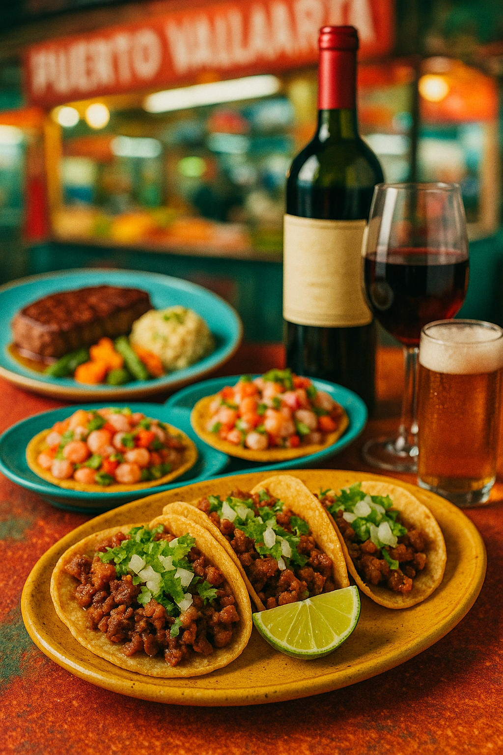 Authentic Mexican tacos, shrimp tostadas, and steak with wine and beer at a Puerto Vallarta food festival.