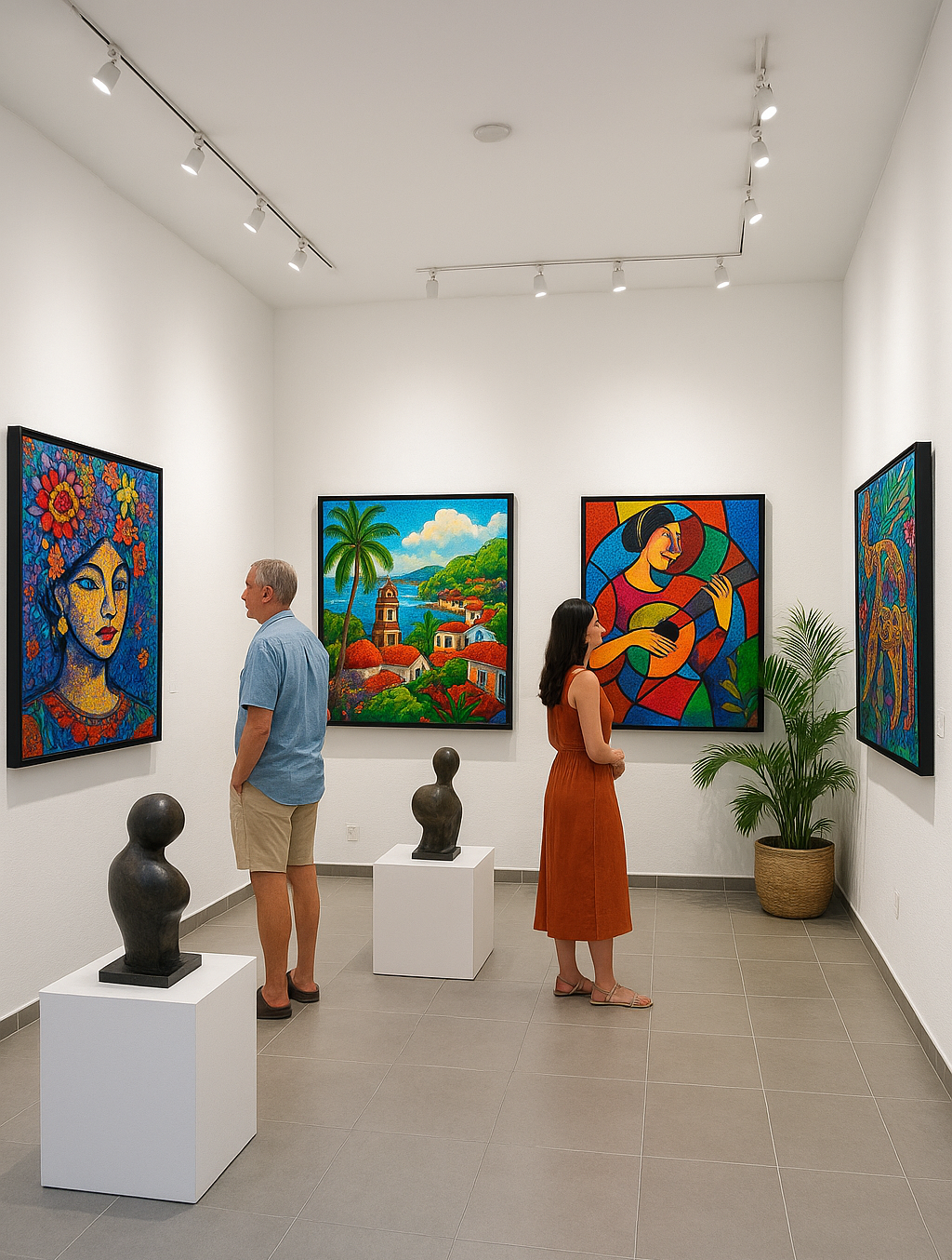 Visitors viewing colorful Mexican artwork in a contemporary Puerto Vallarta gallery