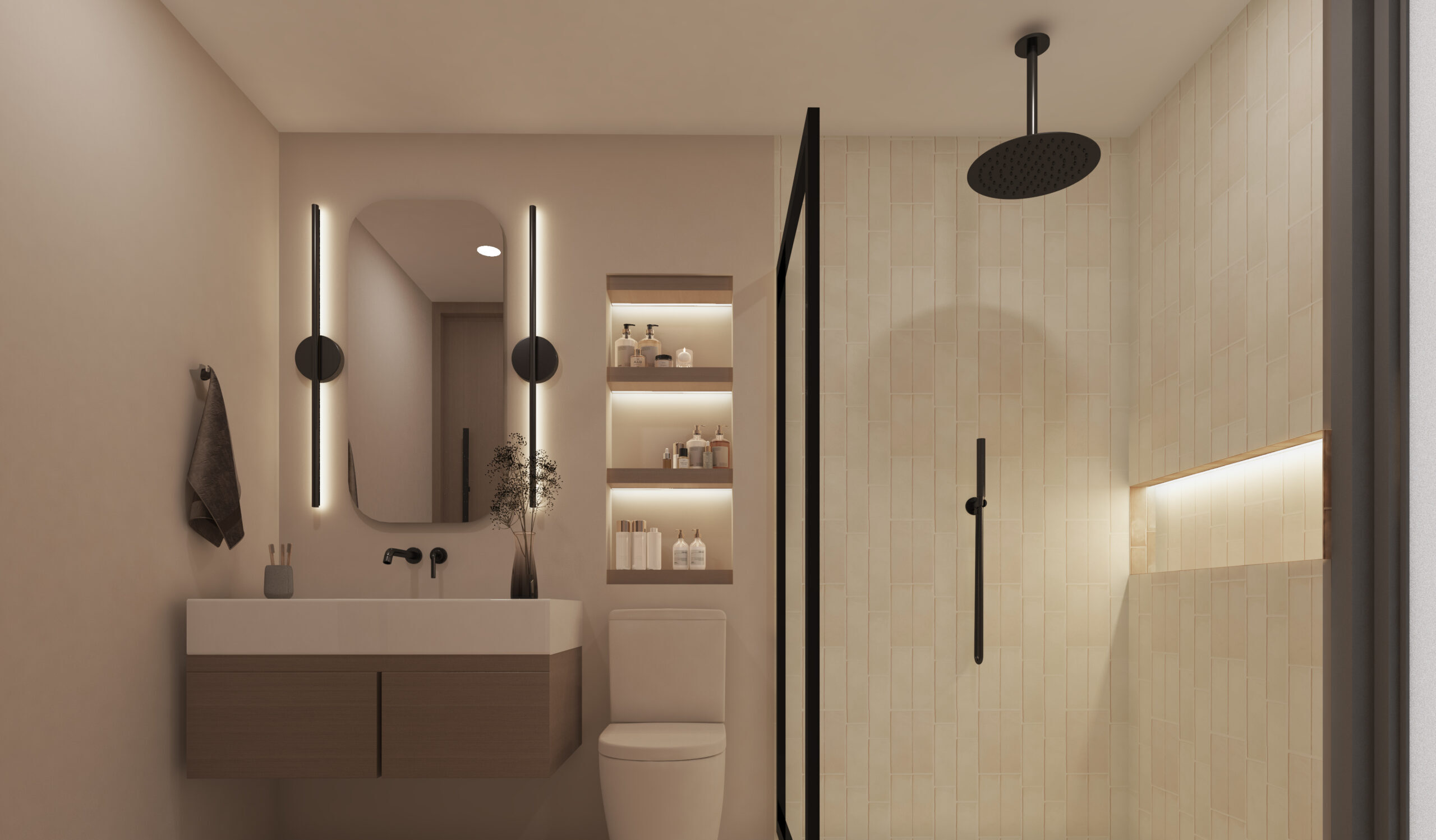 Modern bathroom in Veloa presale Puerto Vallarta condo with warm lighting and glass shower
