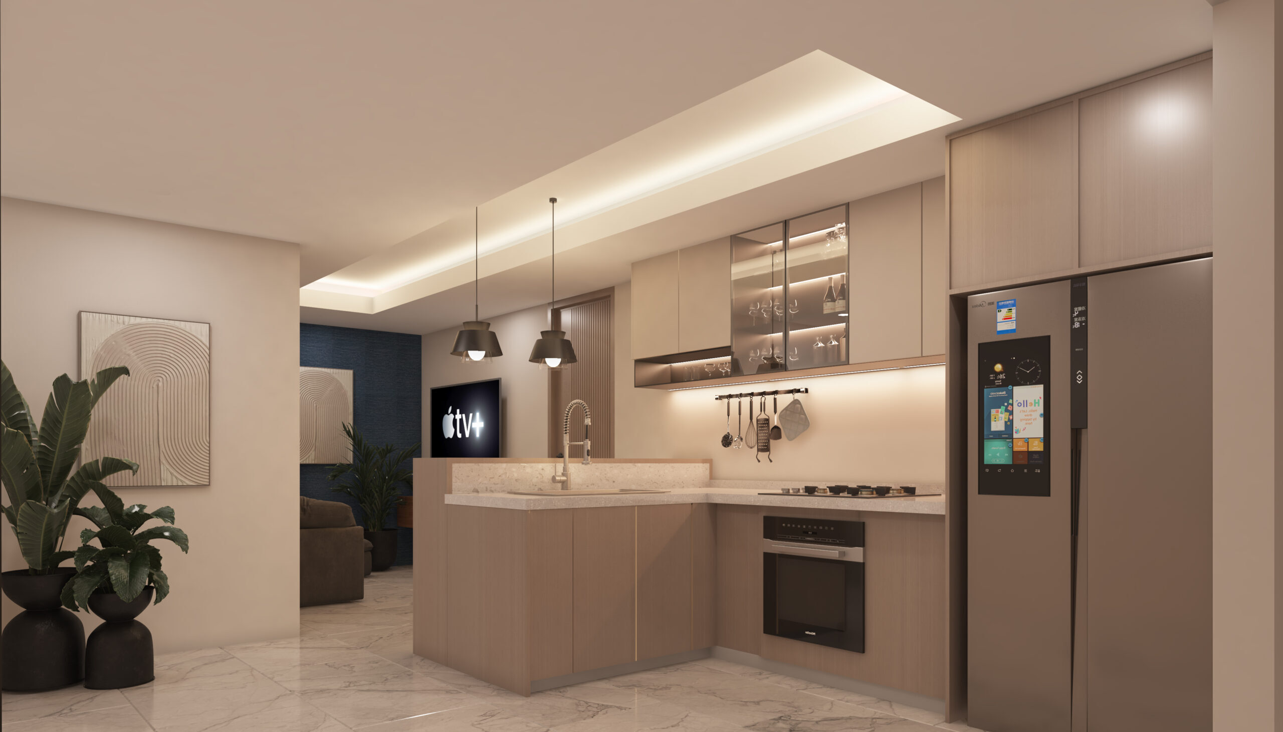 Modern kitchen in Veloa presale Puerto Vallarta condo with island and marble floors