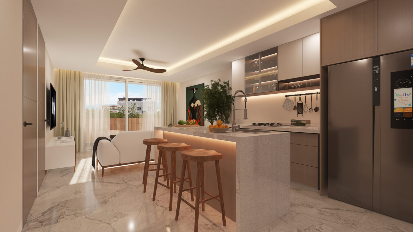 Modern kitchen in Veloa condo unit, presale Puerto Vallarta