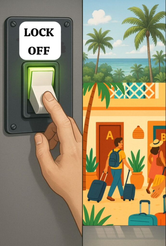 Illustration of the lock-off system showing a hand flipping a switch and two guests entering separate condo units labeled A and B in a tropical setting