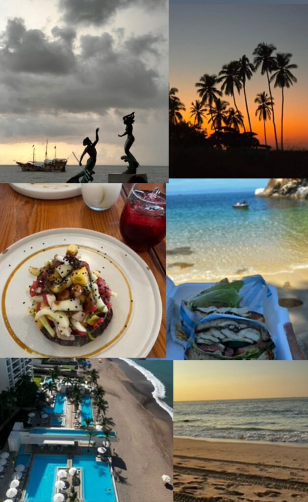 A collage of Puerto Vallarta lifestyle showing beach scenes, local cuisine, oceanfront real estate, and iconic sunsets