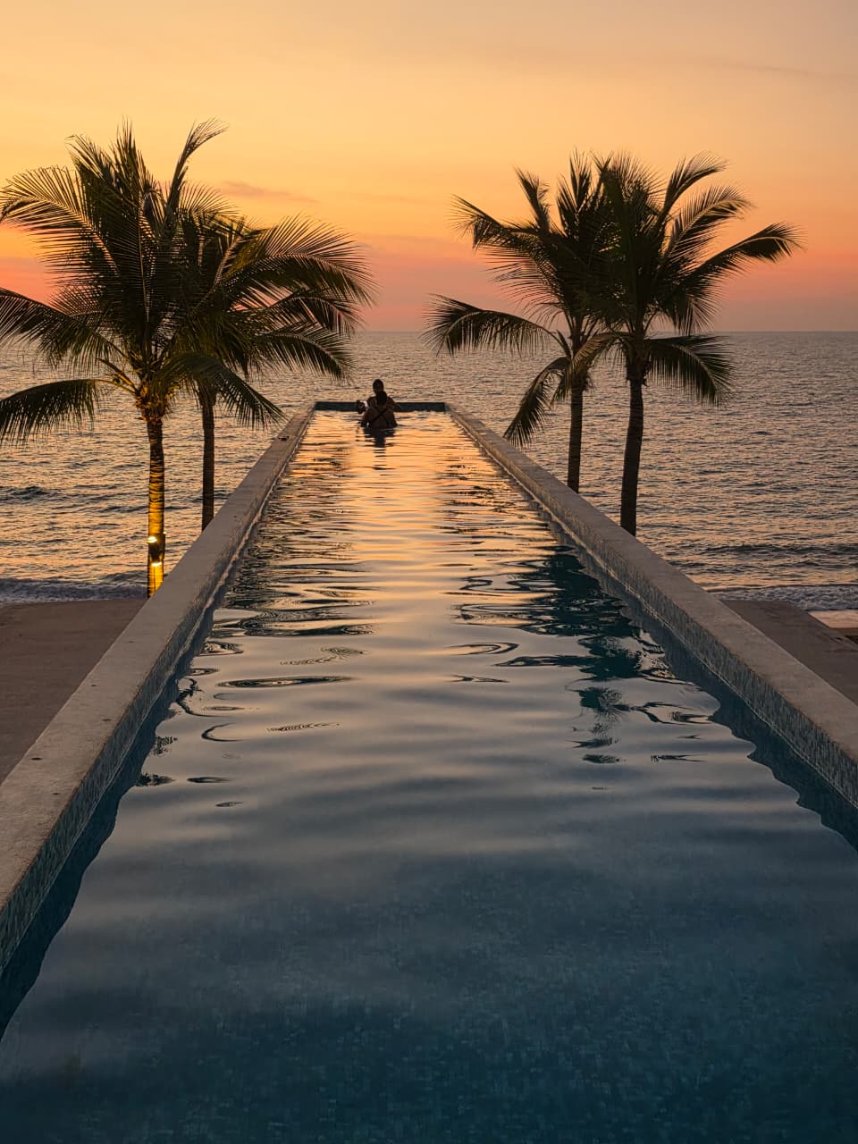 Infinity pool at sunset overlooking the ocean in Puerto Vallarta with palm trees