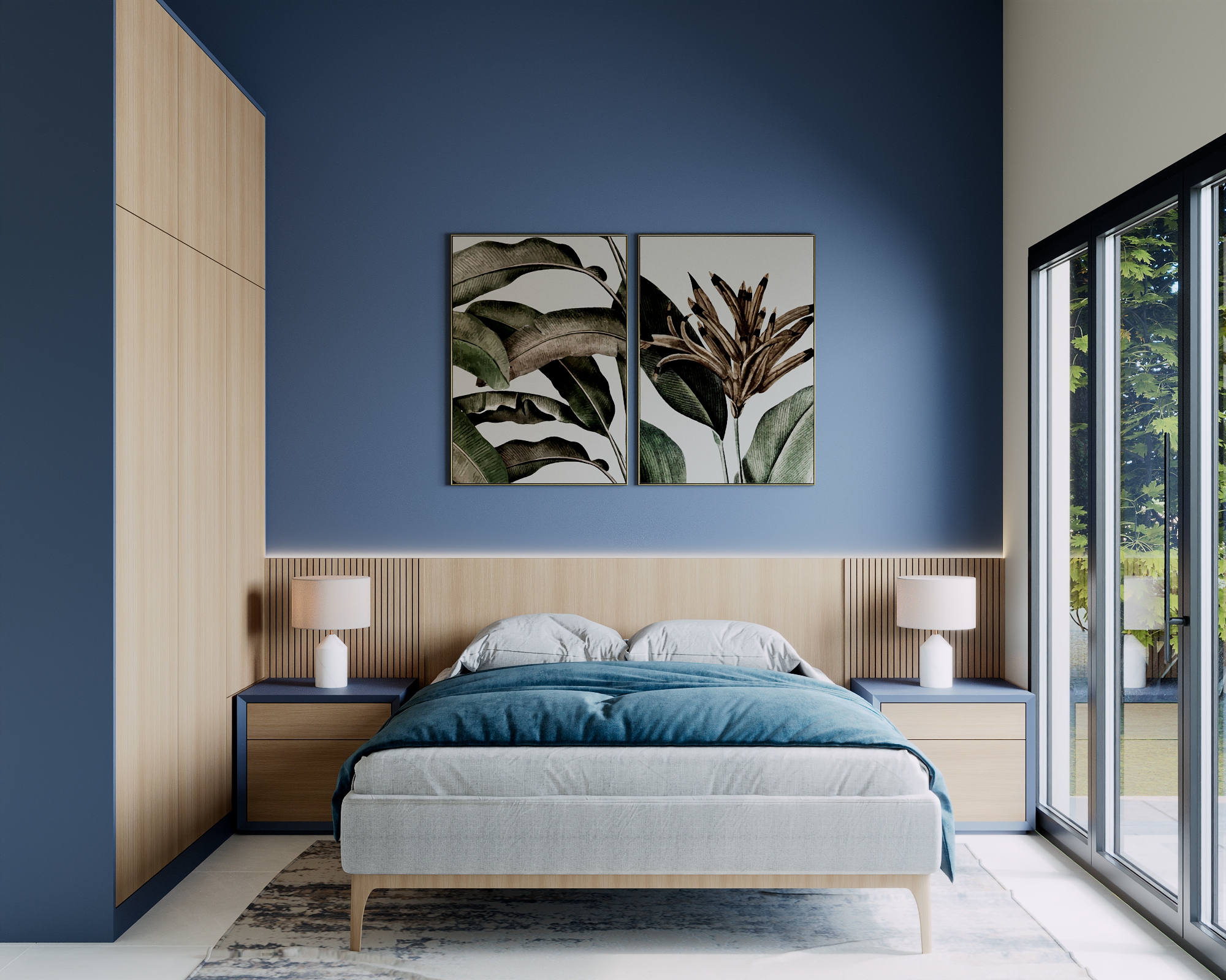 Ground floor master bedroom with large windows and soft lighting