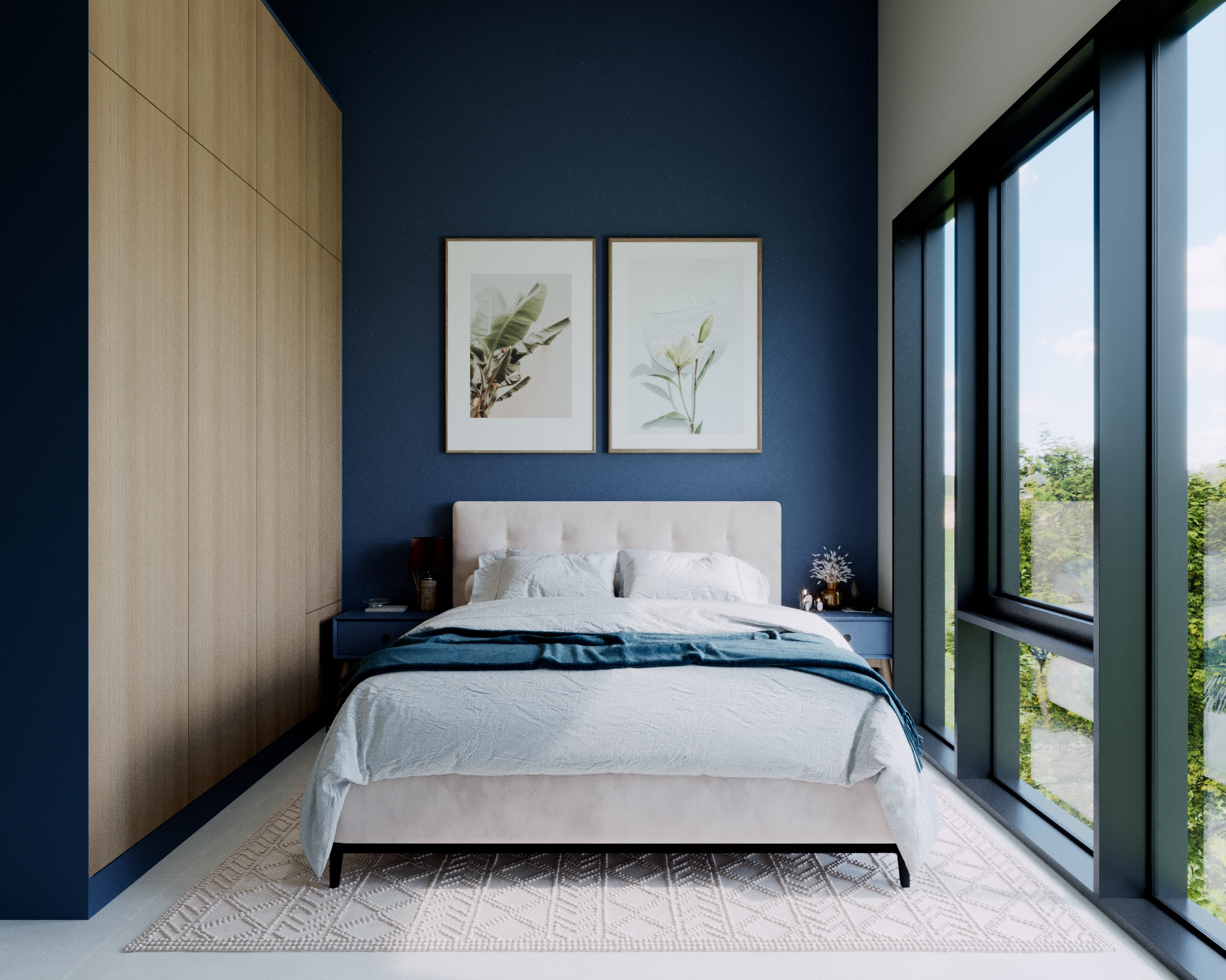 Bright upper-level bedroom with panoramic windows and blue accent wall