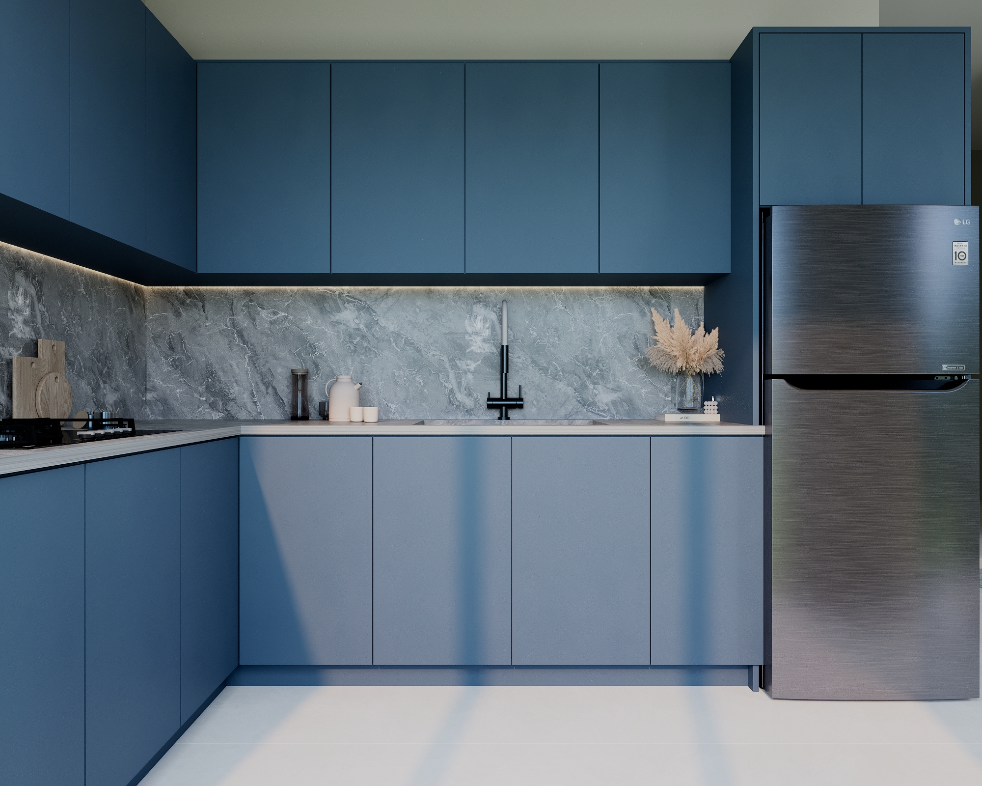 Blue and marble upper unit kitchen in modern Puerto Vallarta villa