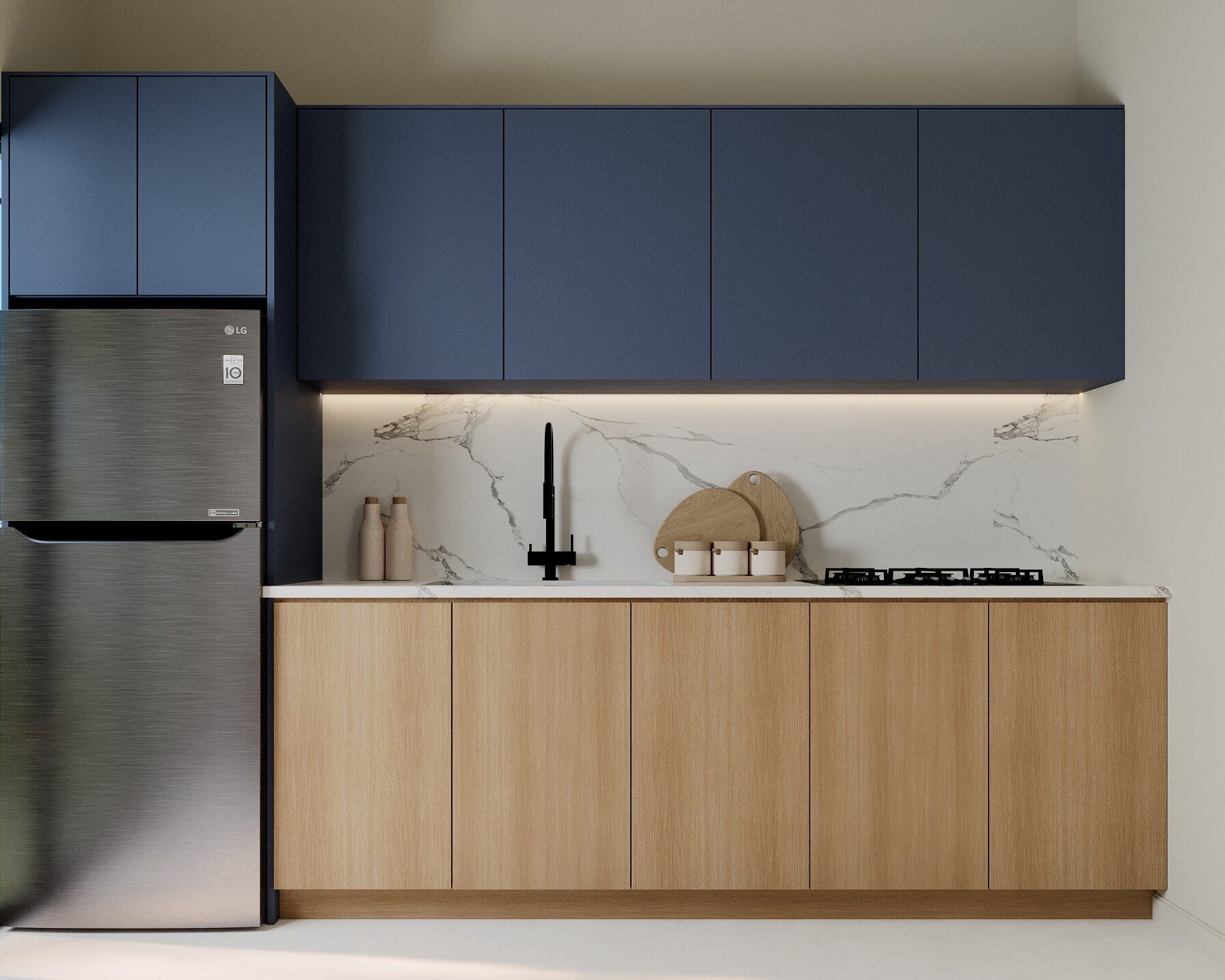 Main unit kitchen with wood and navy cabinets and marble backsplash