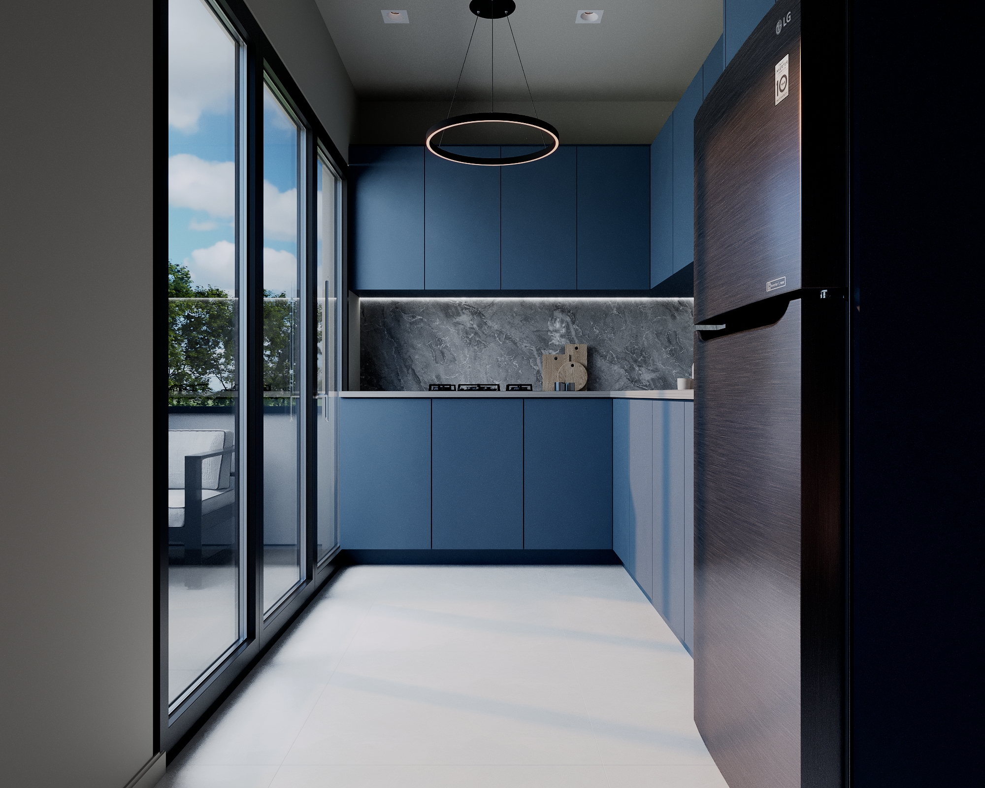 Narrow galley kitchen layout in upper apartment with balcony access