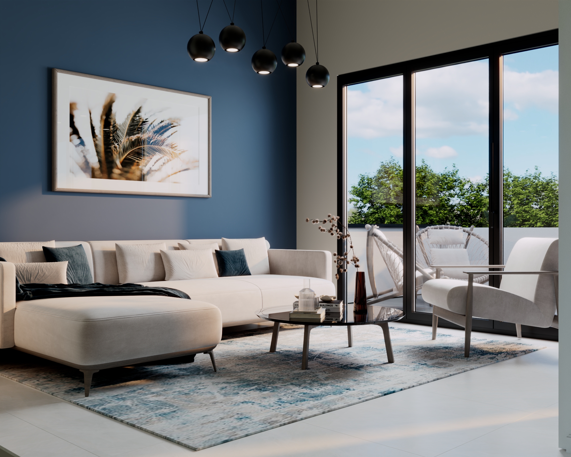 Second-floor living room with large sliding doors and outdoor terrace access