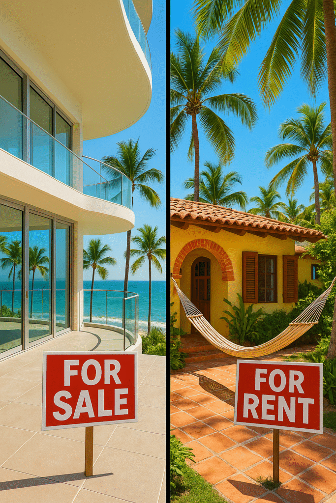 Split view of beachfront condo for sale and tropical rental home in Puerto Vallarta, Mexico