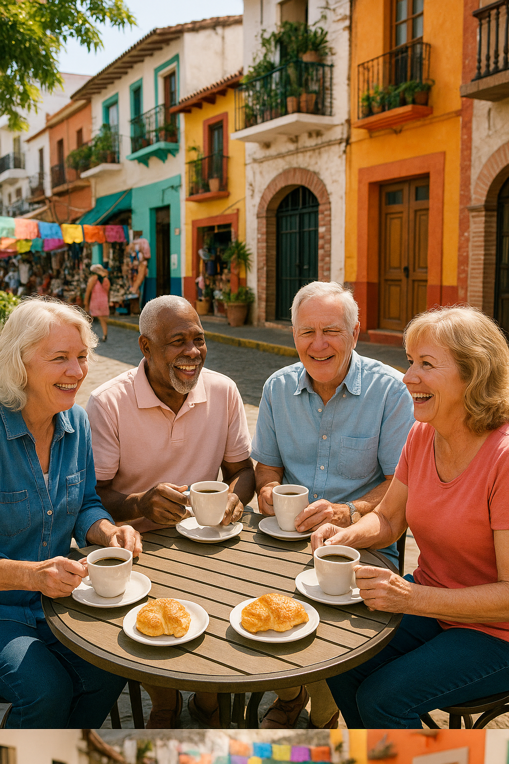 Group of U.S. retirees enjoying coffee at an outdoor café in Puerto Vallarta, Mexico
