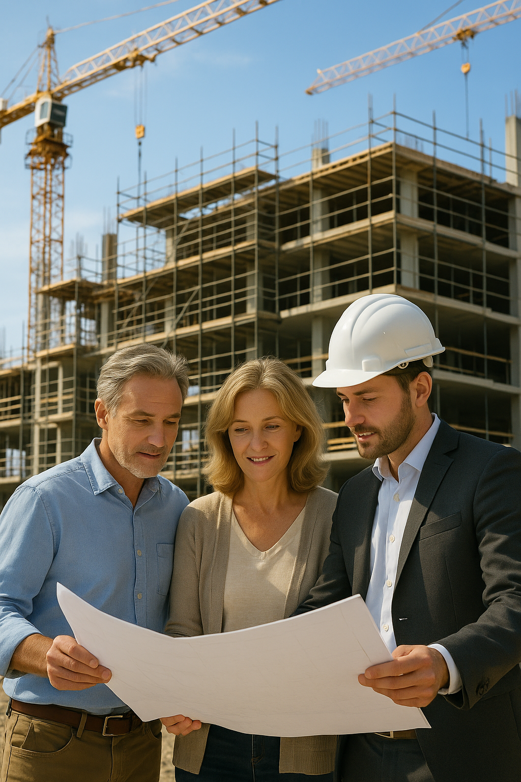 Couple reviewing pre-sale condo blueprints with real estate agent at Puerto Vallarta construction site