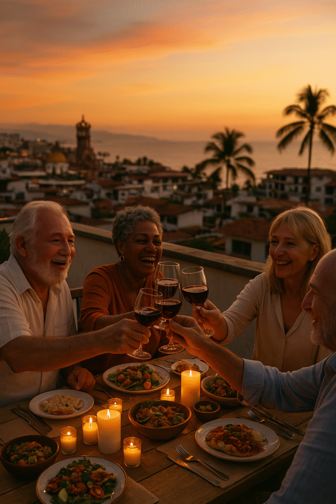 Retired expats enjoying a rooftop dinner at sunset in Puerto Vallarta, Mexico