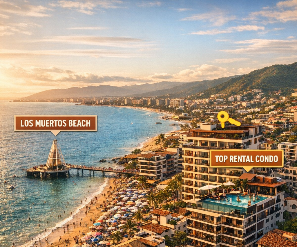 Aerial view of Zona Romántica, Puerto Vallarta in 2025 showing Los Muertos Beach and a luxury condo with rooftop pool labeled Top Rental Condo.
