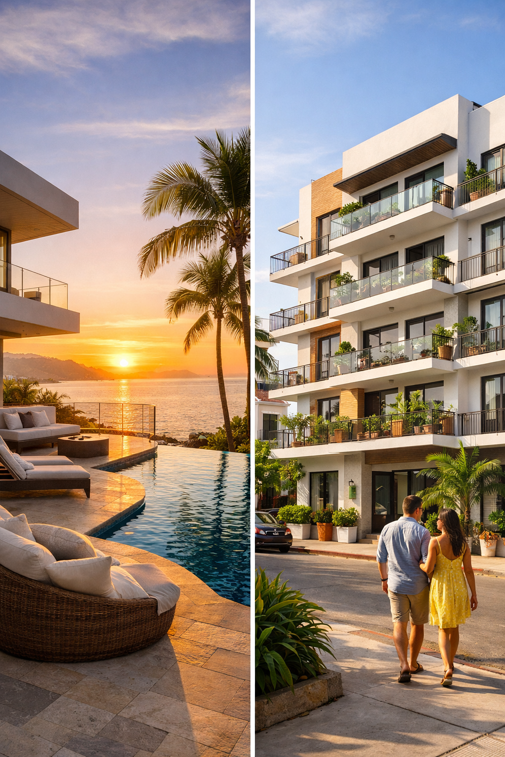 Split-screen photo of a luxury oceanfront villa and a modern mid-market condo in Puerto Vallarta, Mexico, during sunset.