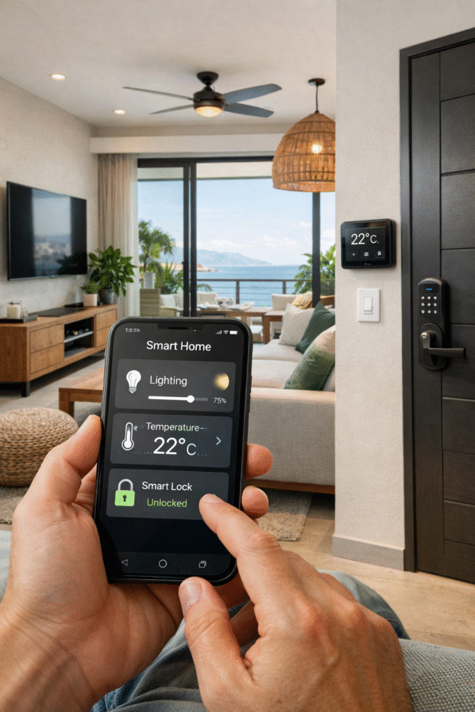 Smart home controls in a modern Puerto Vallarta beachfront condo with ocean view