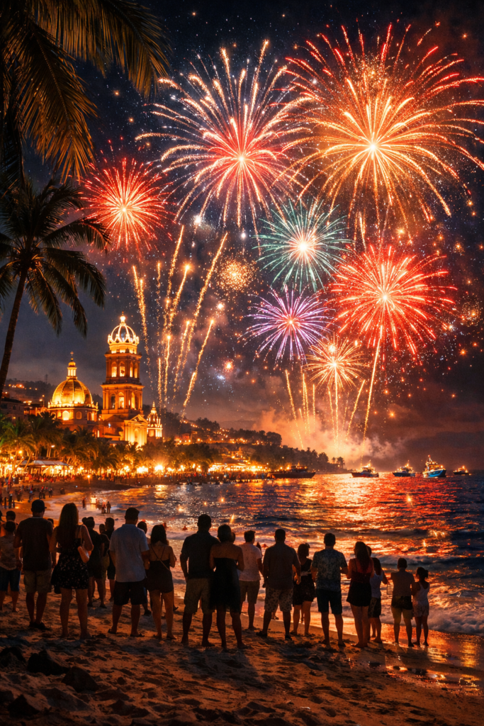 Crowd watching fireworks over Puerto Vallarta beach on New Year’s Eve with Our Lady of Guadalupe Church in the background