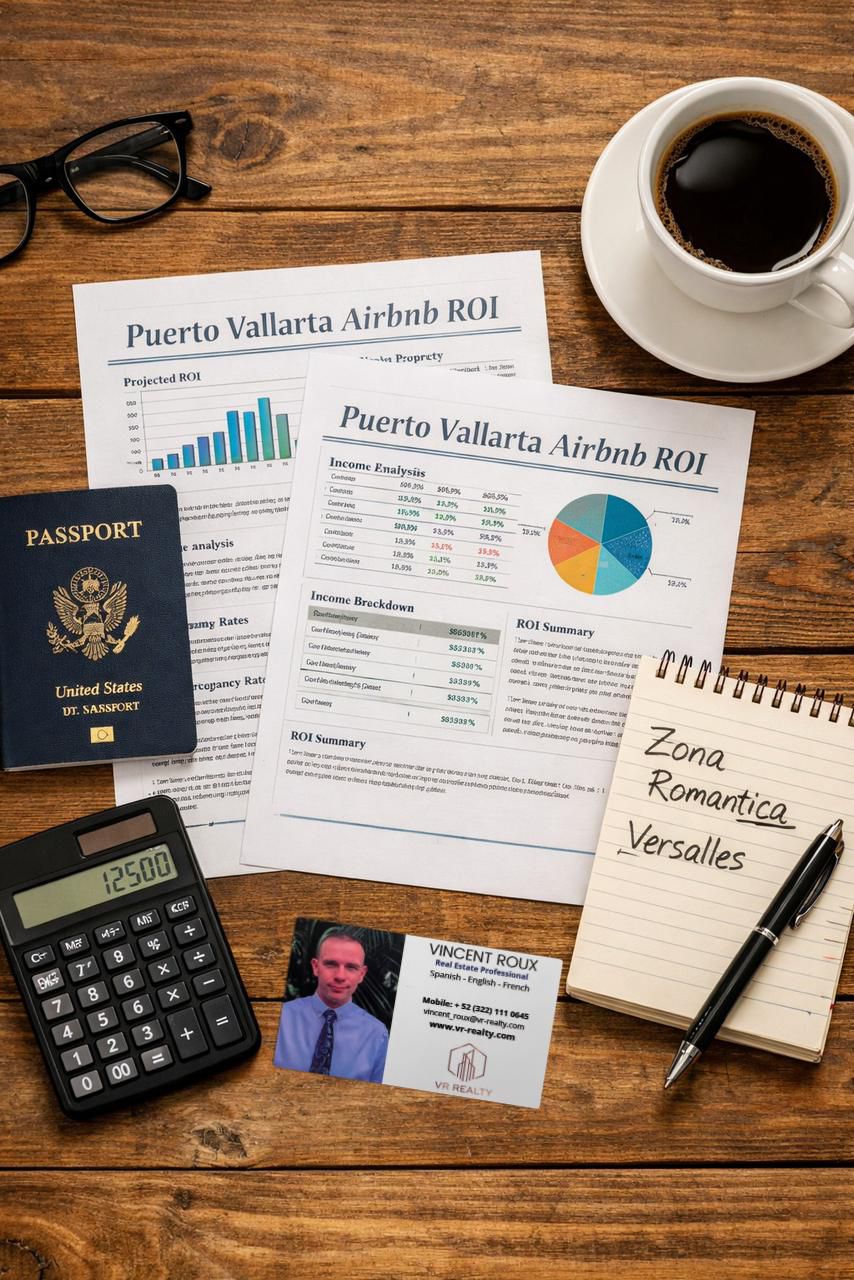 Flat lay of Puerto Vallarta Airbnb ROI planning materials with calculator, passport, coffee, and real estate documents