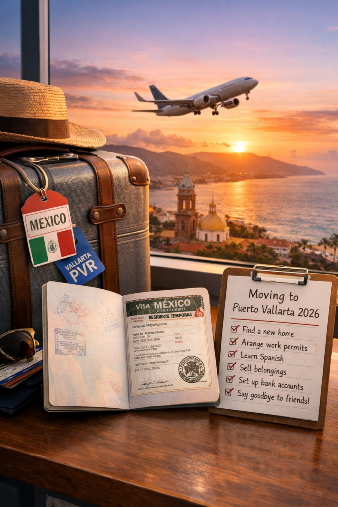 Luggage, passport, and checklist for moving to Puerto Vallarta in 2026 with plane and sunset view in background.
