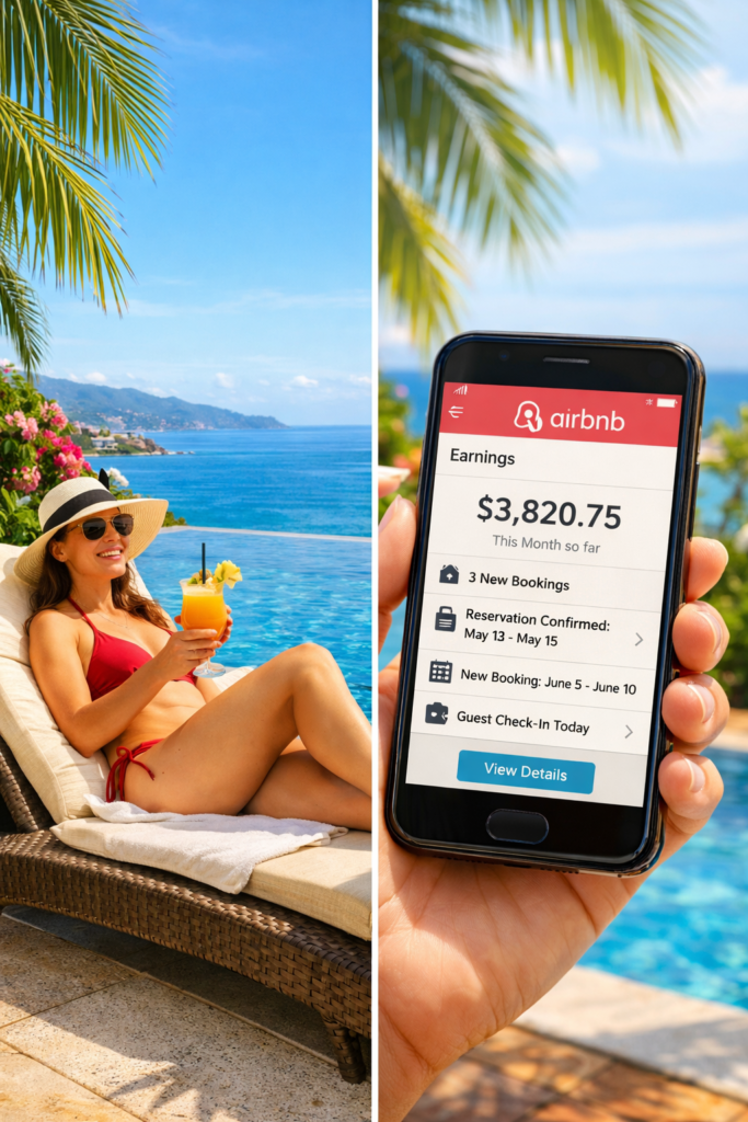 Woman relaxing at luxury pool in Puerto Vallarta while viewing Airbnb rental income on phone — representing lifestyle and property investment profitability.