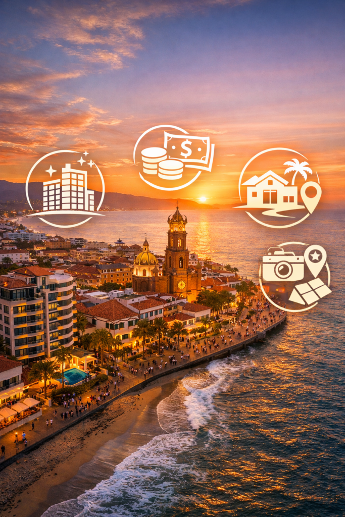 Aerial view of Puerto Vallarta at sunset with real estate and tourism icons overlayed, showcasing international property investment themes.