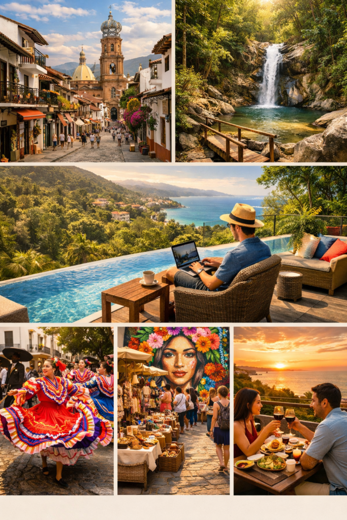 Puerto Vallarta cultural collage showing architecture, jungle, remote work, art, and local food