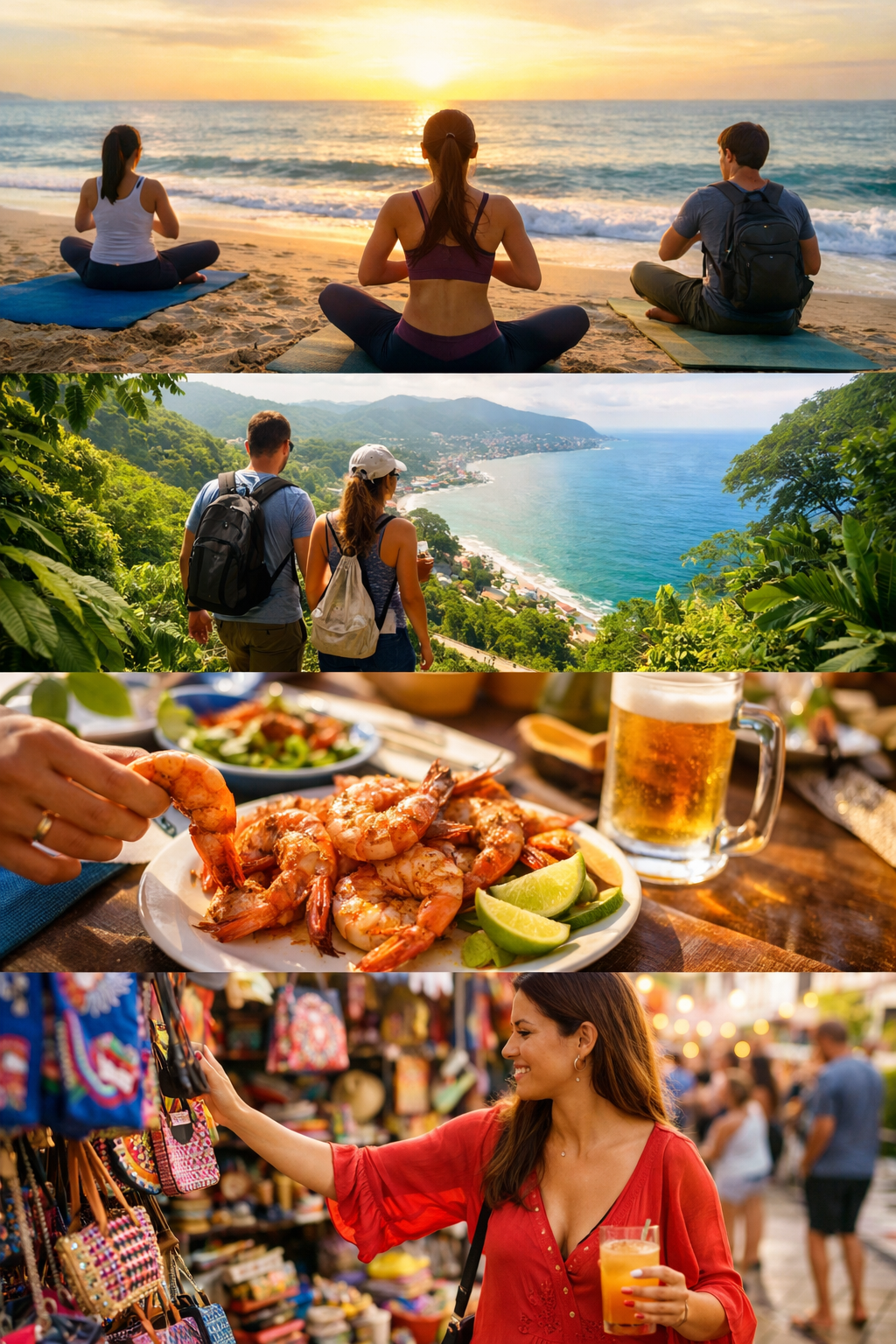 Couples enjoying yoga on the beach, hiking with ocean views, fresh seafood, and local shopping in Puerto Vallarta, Mexico.
