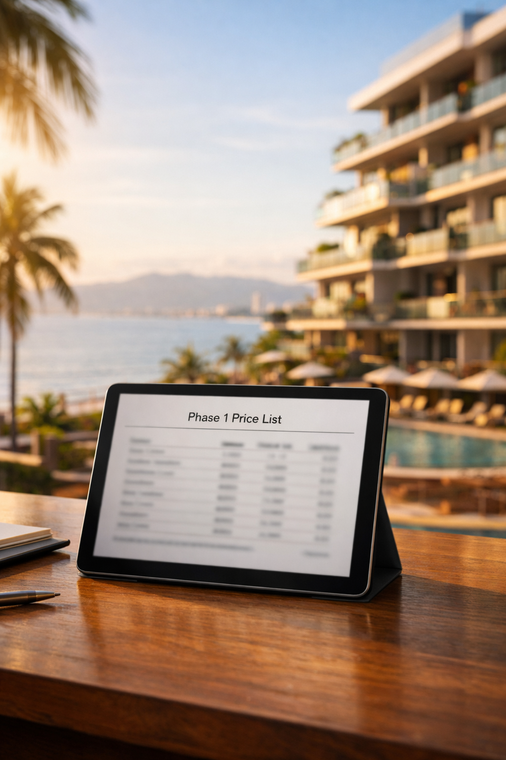 Tablette affichant une grille de prix Phase 1 avec vue sur un projet immobilier en prévente à Puerto Vallarta