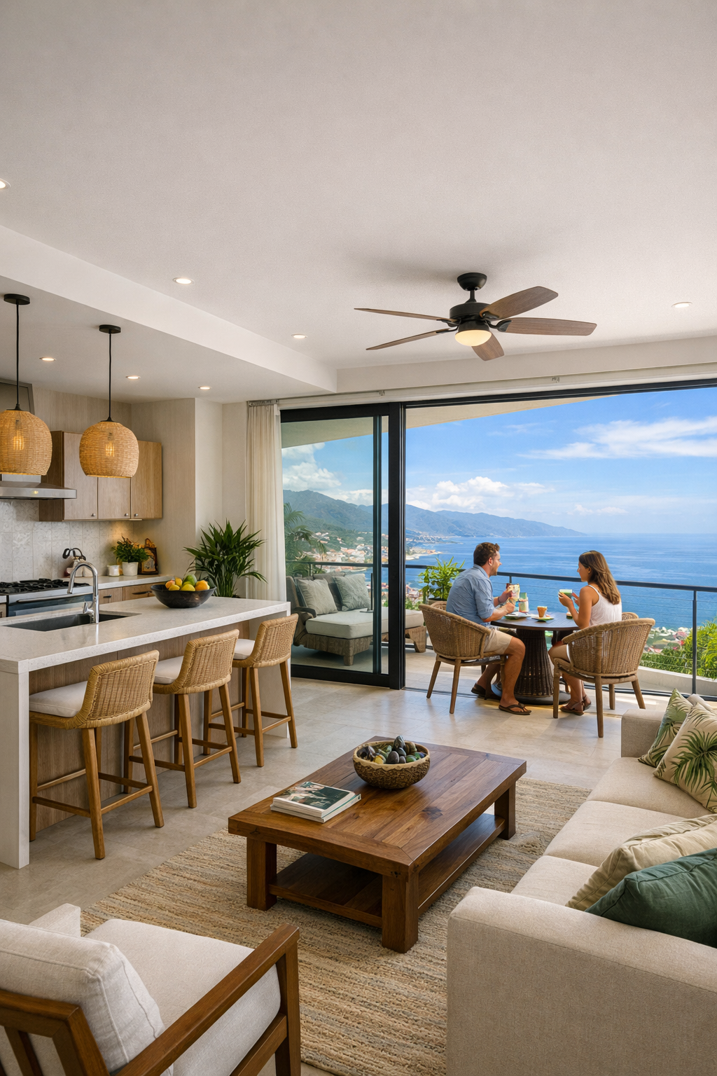 Modern condominium interior in Puerto Vallarta with ocean view balcony and couple enjoying breakfast