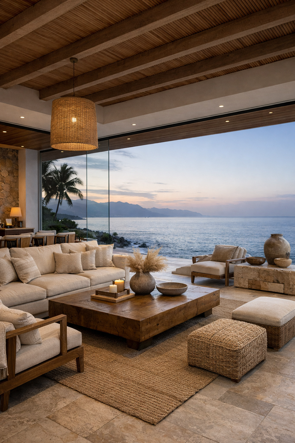 Open-air luxury living room in a beachfront villa in Puerto Vallarta at sunset, showcasing quiet luxury design with ocean views and natural materials
