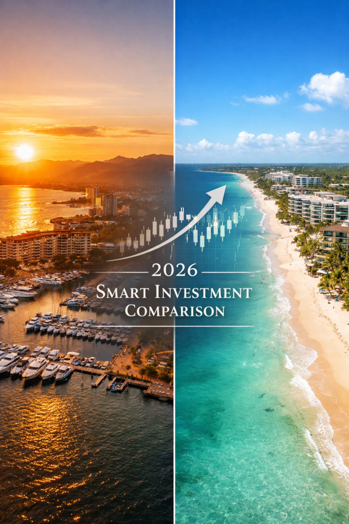 Puerto Vallarta vs Riviera Maya 2026 smart real estate investment comparison with marina sunset and Caribbean beachfront condos