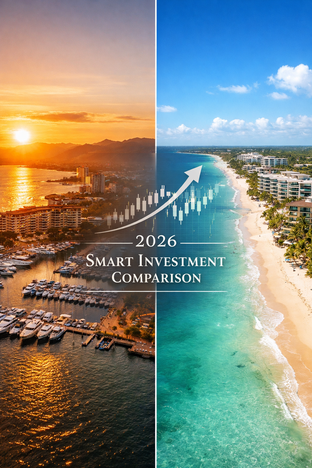 Puerto Vallarta vs Riviera Maya 2026 smart real estate investment comparison with marina sunset and Caribbean beachfront condos