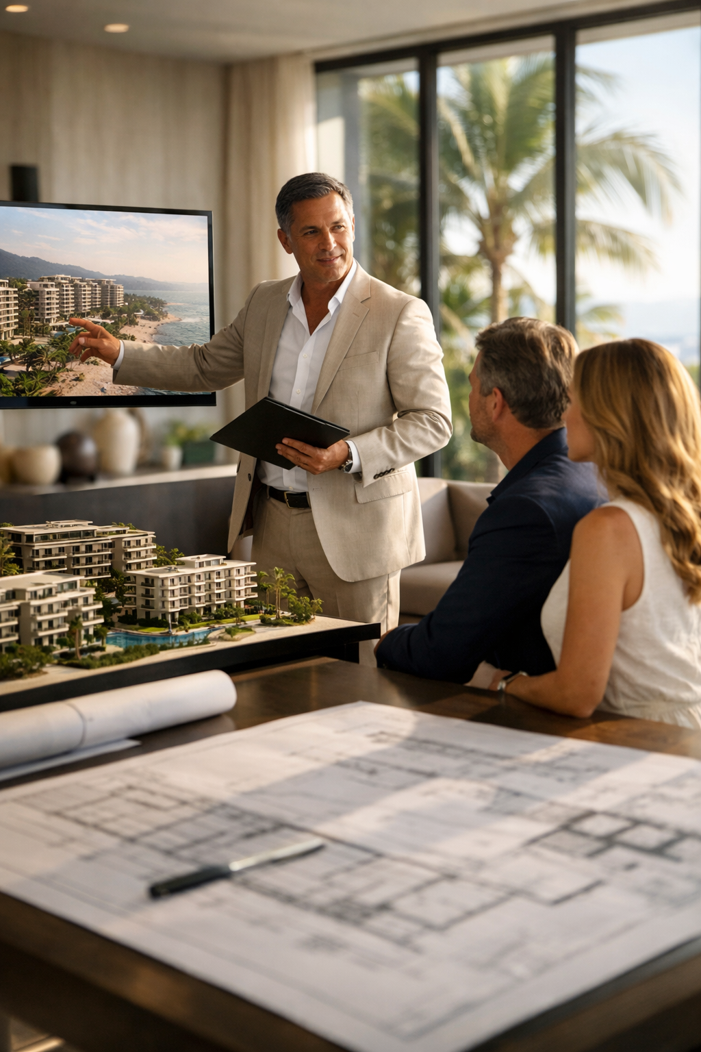 Real estate developer presenting luxury condo project to buyers in Puerto Vallarta sales office