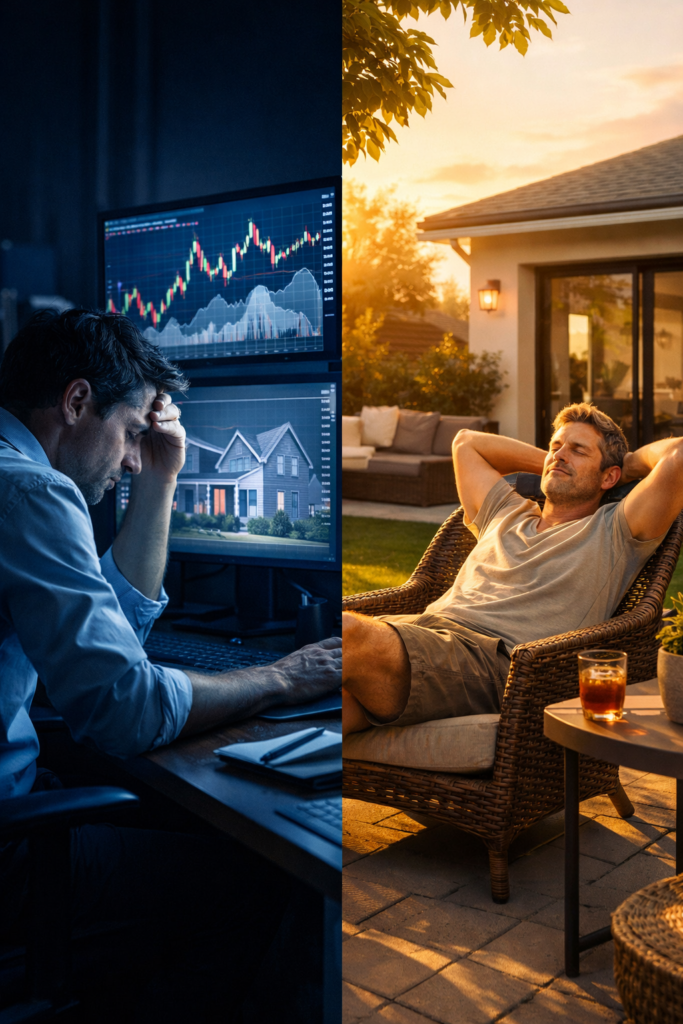 Stressed investor analyzing market charts contrasted with relaxed homeowner enjoying backyard at sunset, illustrating buying to stay vs short-term investing