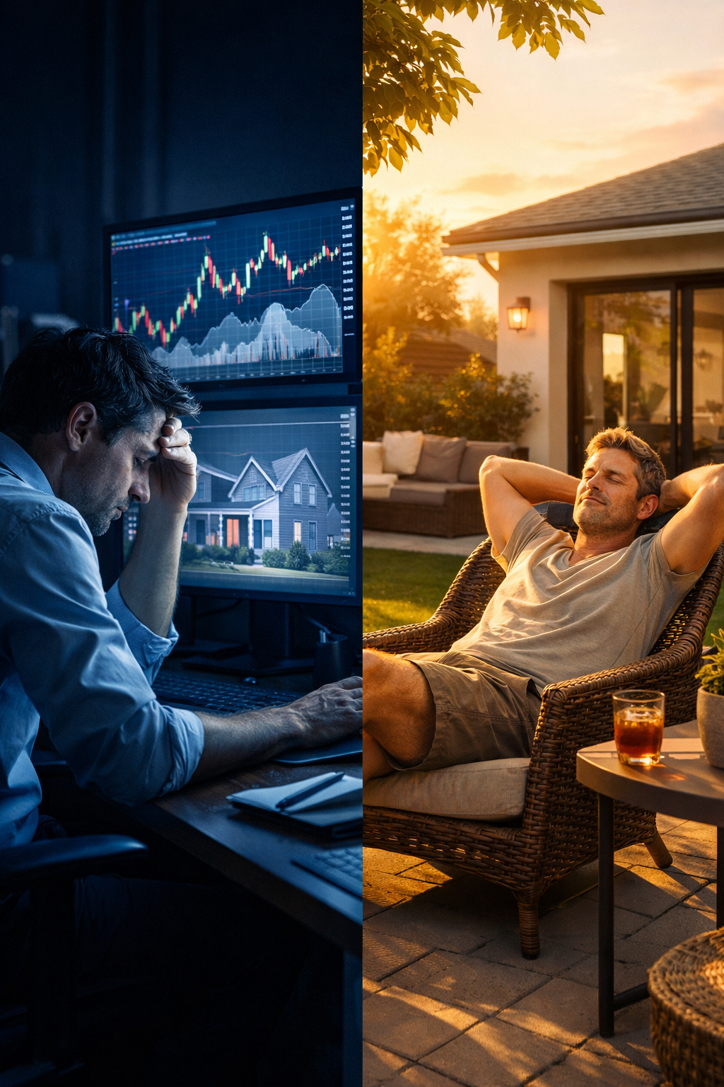 Stressed investor analyzing market charts contrasted with relaxed homeowner enjoying backyard at sunset, illustrating buying to stay vs short-term investing