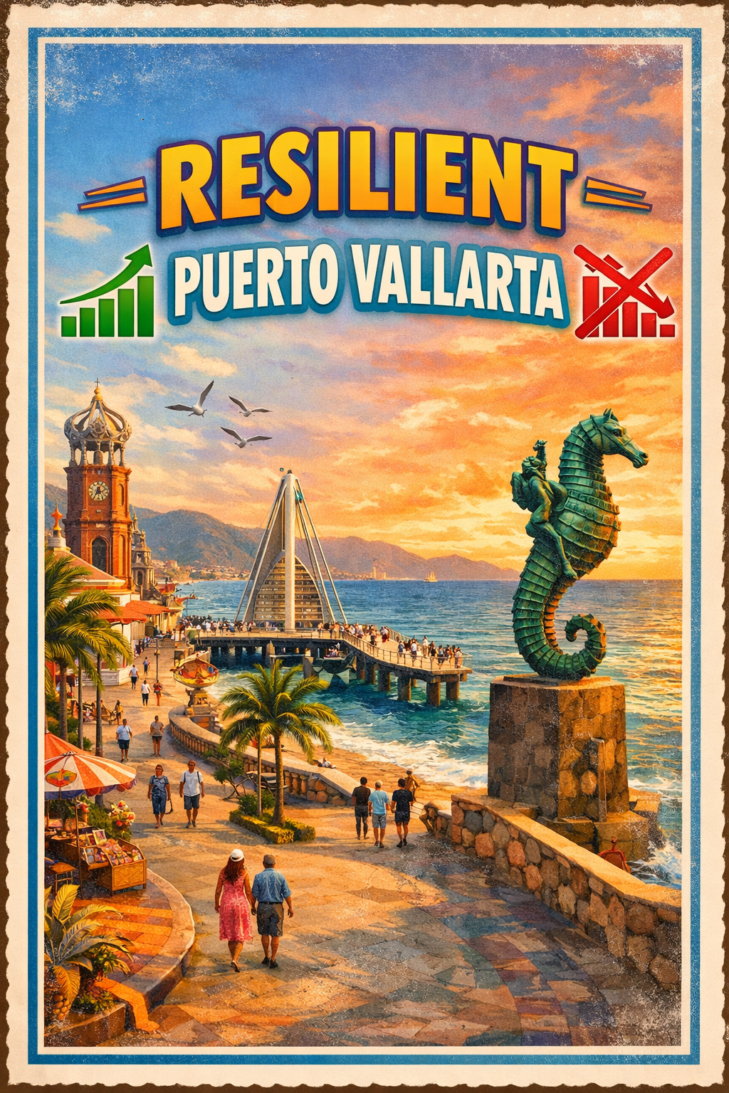 Resilient Puerto Vallarta skyline with Malecon boardwalk, Los Muertos Pier, and seahorse statue at sunset symbolizing real estate market strength