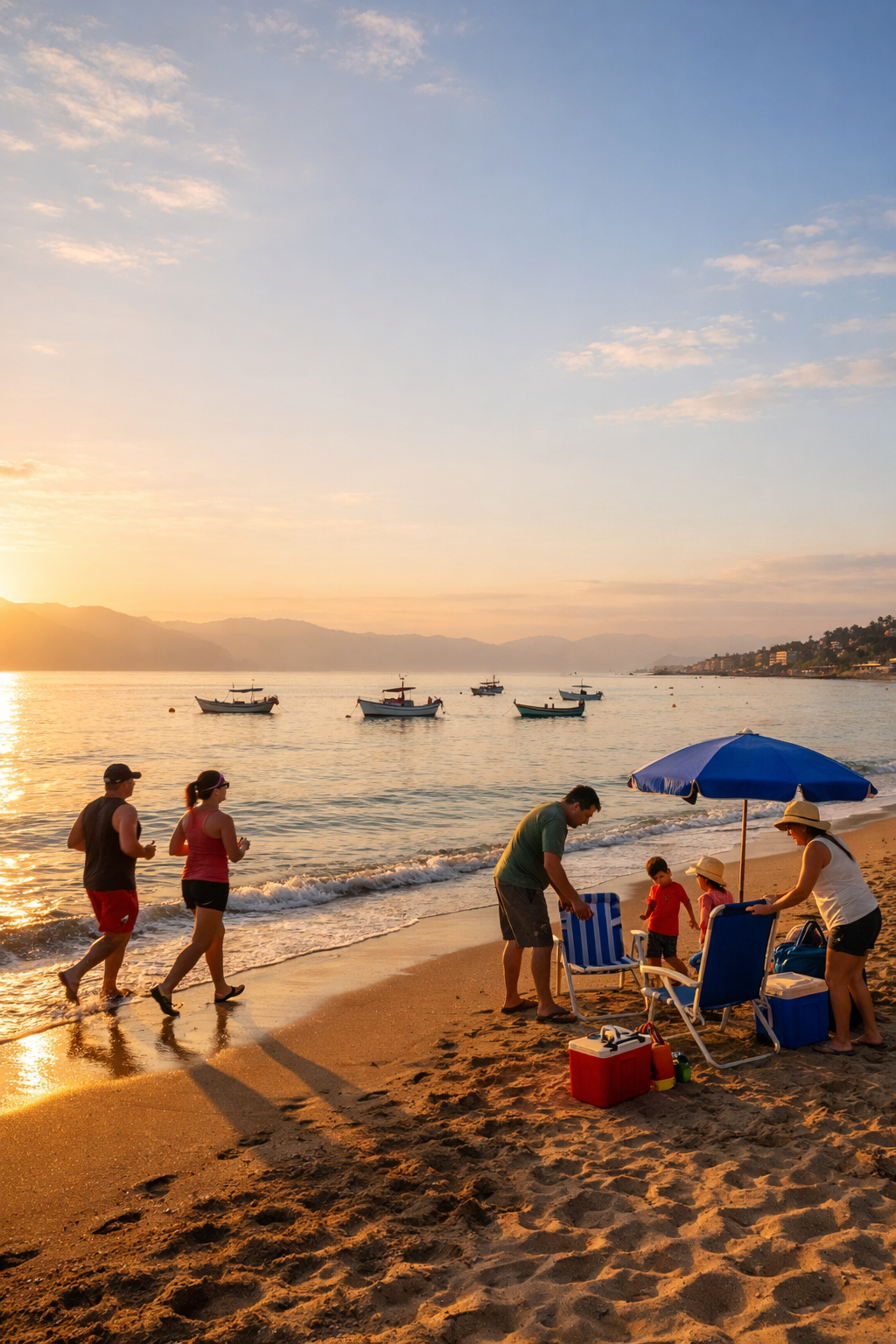 Families enjoying a peaceful sunset on a Puerto Vallarta beach with fishing boats on Banderas Bay.