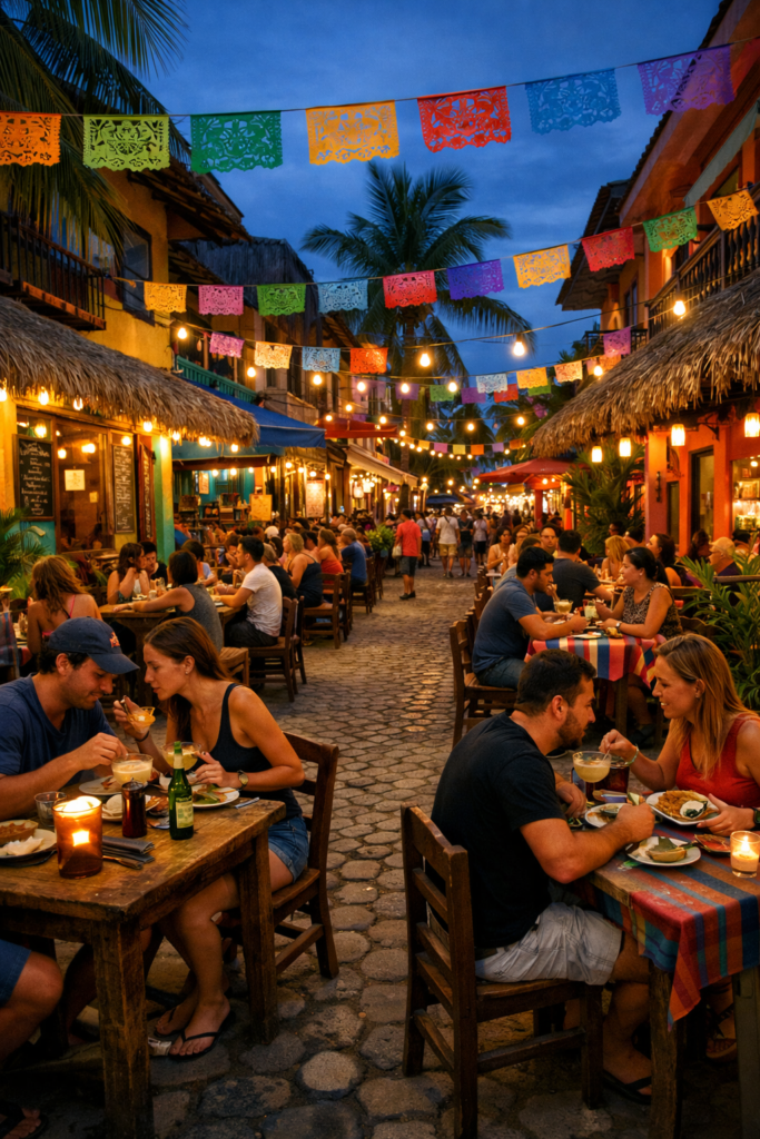 Scène de dîner en plein air dans les restaurants les mieux notés à Sayulita avec des papel picado colorés et des lumières du soir.