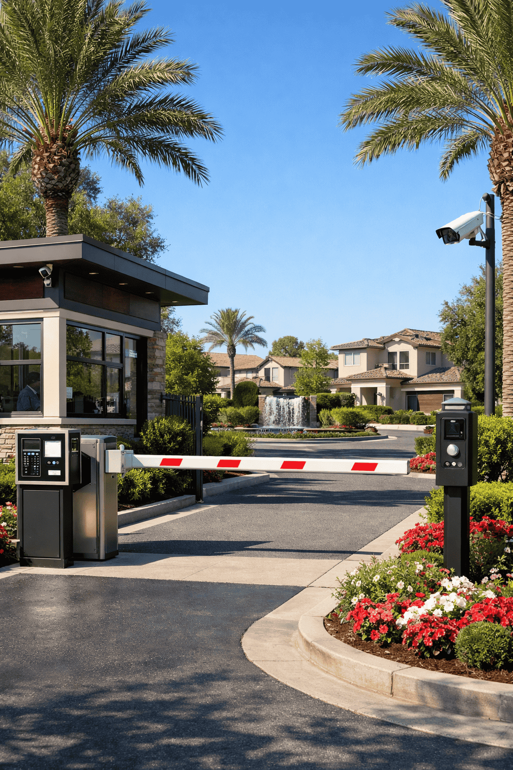Gated residential community entrance with security gate, guardhouse, and surveillance cameras illustrating private community security.