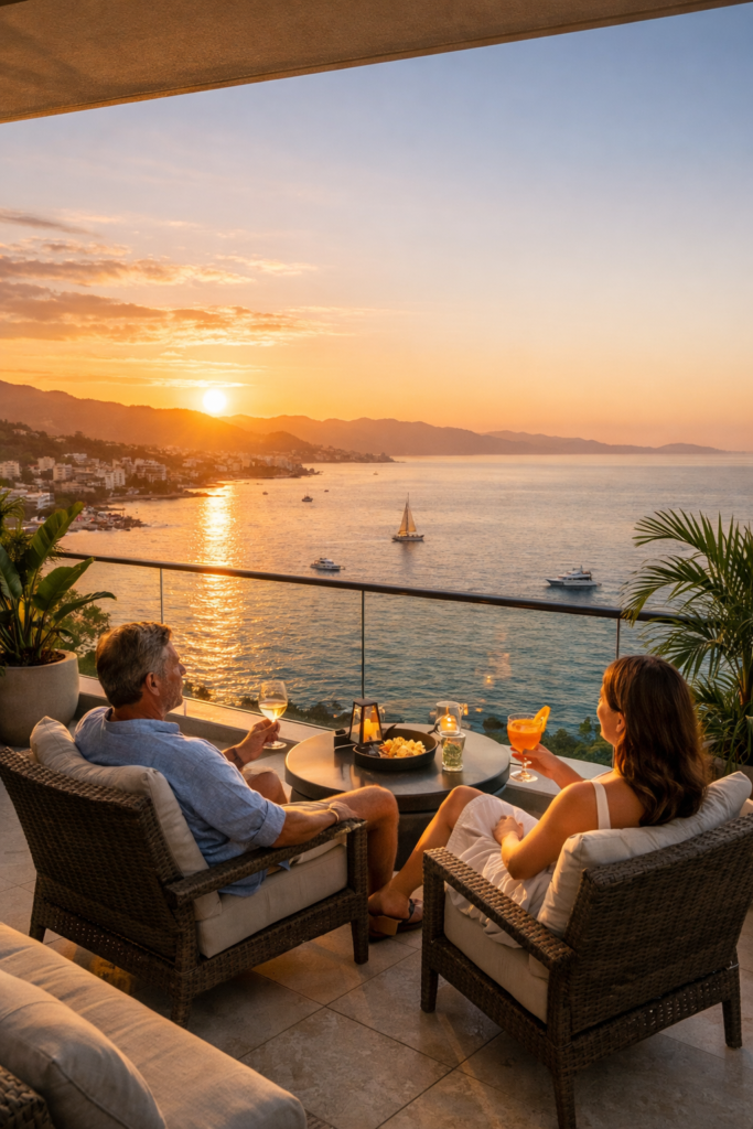 Couple enjoying sunset drinks on a luxury oceanfront balcony overlooking Banderas Bay in Puerto Vallarta