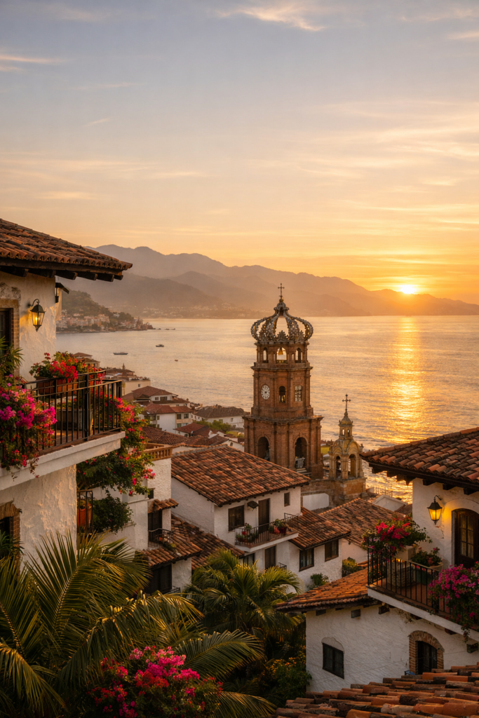 Puerto Vallarta historic skyline at sunset with Our Lady of Guadalupe church tower and traditional red tile rooftops overlooking the Bay of Banderas