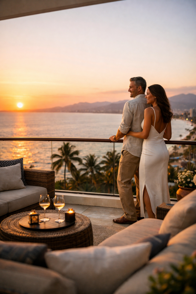 Couple enjoying sunset from a luxury oceanview condo balcony in Puerto Vallarta, illustrating lifestyle and real estate investment appeal.