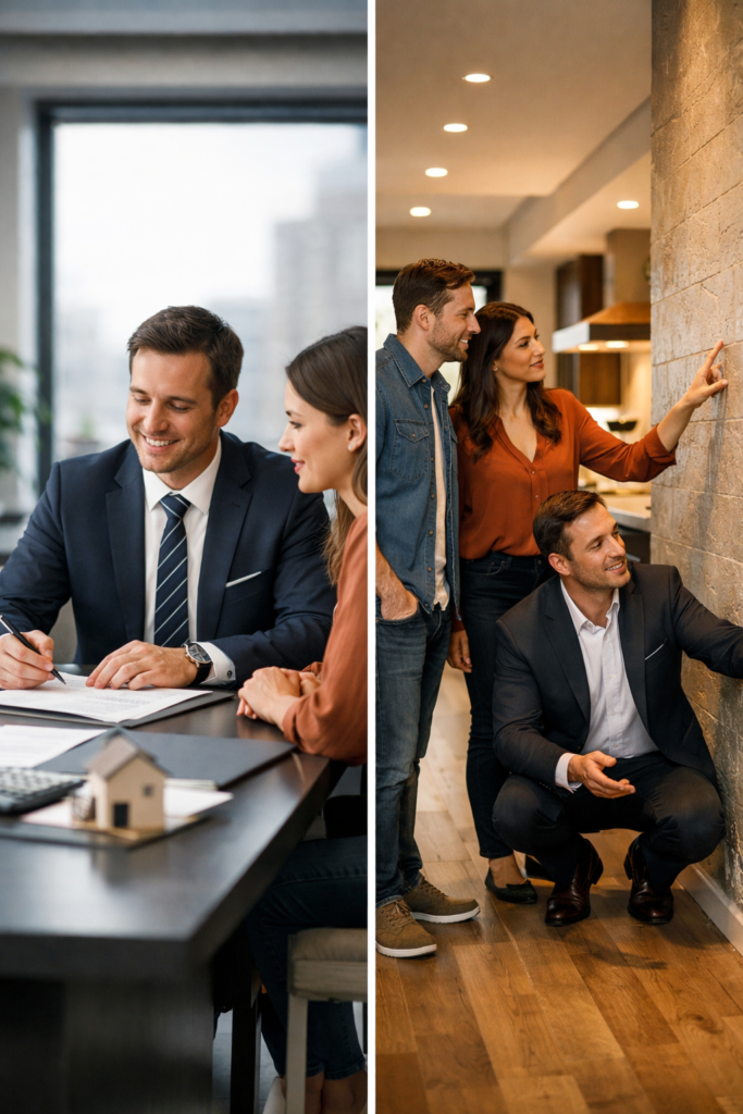 Real estate agent negotiating contract and inspecting property finishes with clients from negotiation to delivery