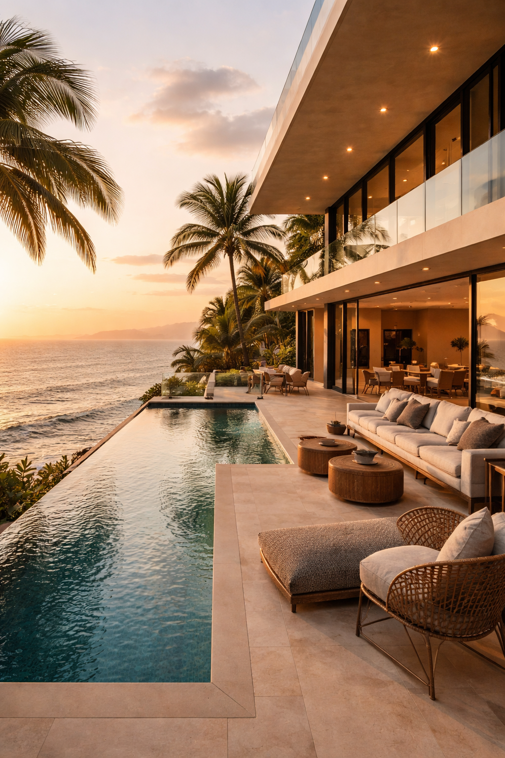 Propriété de luxe en bord de mer à Puerto Vallarta avec piscine à débordement et vue sur l’océan au coucher du soleil