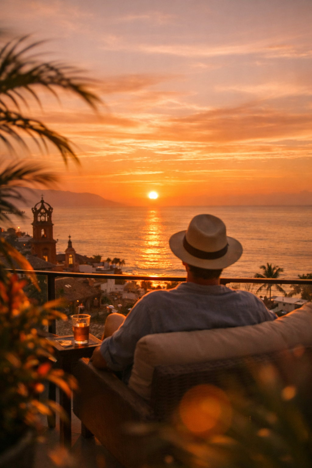 Man enjoying sunset ocean view from terrace in Puerto Vallarta lifestyle real estate